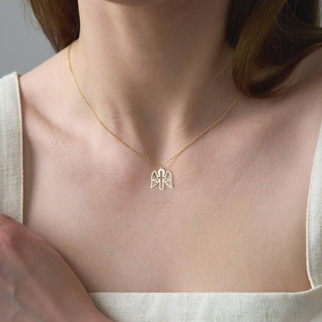 Minimalist Angel Wings Cross Necklace Gold Vermeil